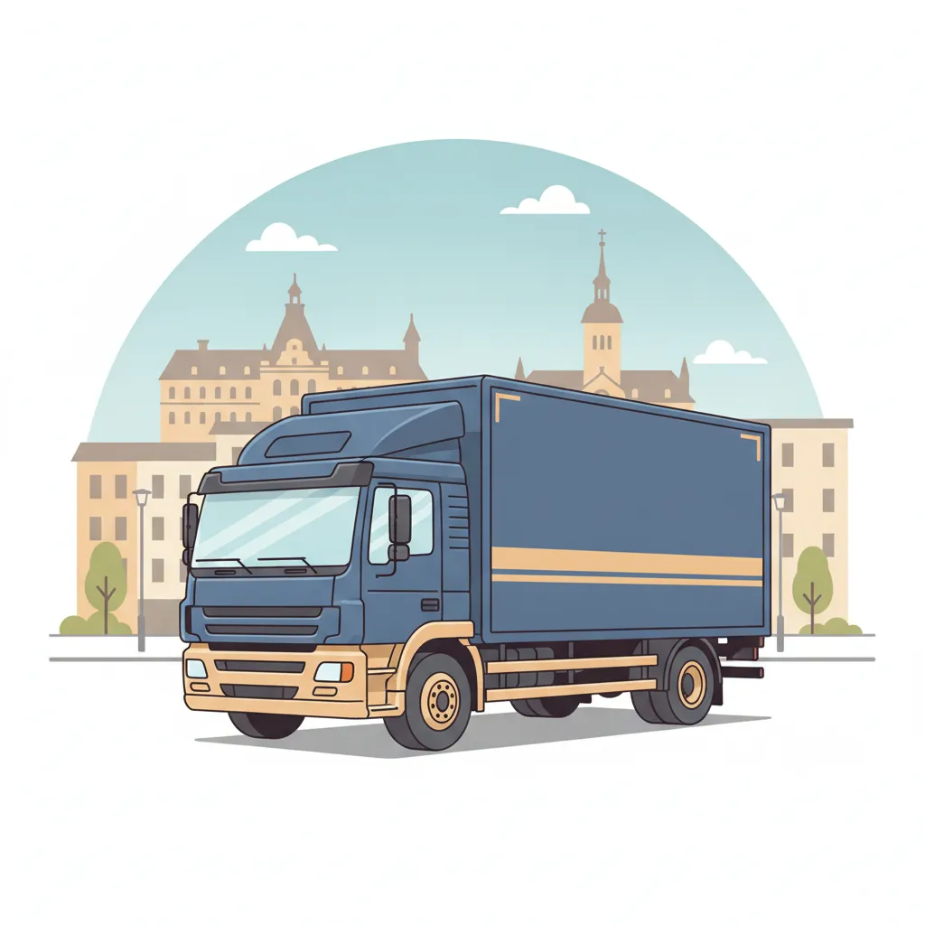 Comic-Illustration: geschlossener Umzugstransporter erreicht Bergisch Gladbach – Umzug von Dortmund nach Bergisch Gladbach