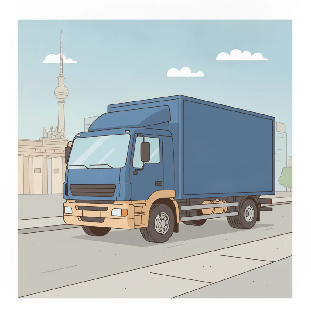 Comic-Illustration: geschlossener Umzugstransporter erreicht Berlin – Umzug von Dortmund nach Berlin