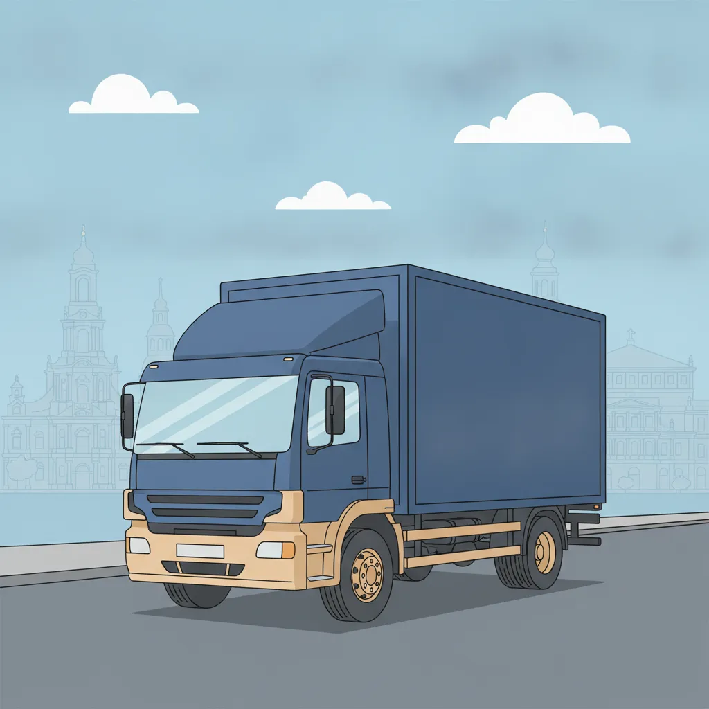 Comic-Illustration: geschlossener Umzugstransporter erreicht Dresden – Umzug von Dortmund nach Dresden