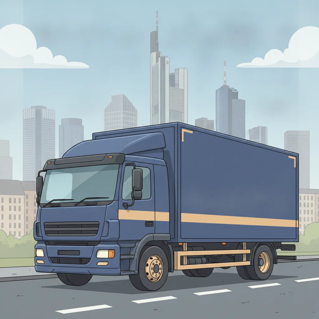 Comic-Illustration: geschlossener Umzugstransporter erreicht Frankfurt am Main – Umzug von Dortmund nach Frankfurt am Main