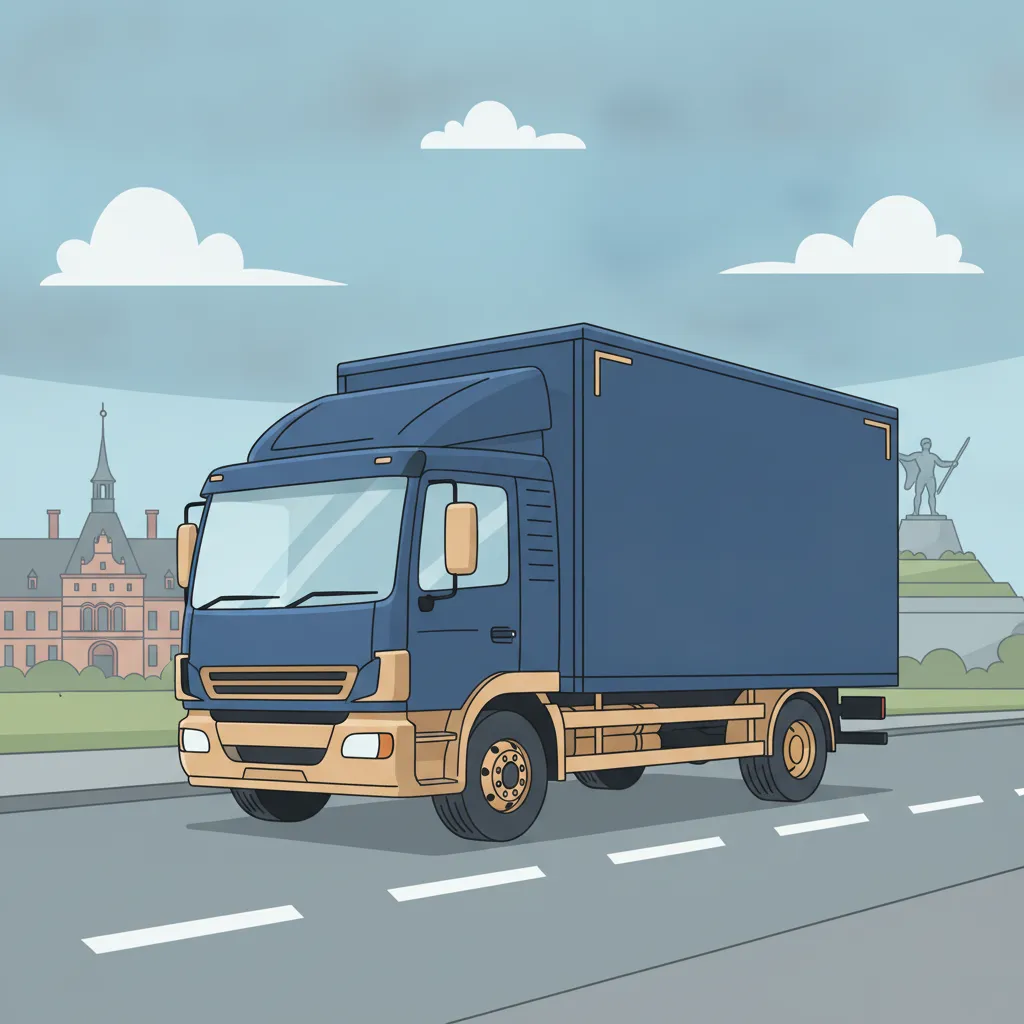 Comic-Illustration: geschlossener Umzugstransporter erreicht Gelsenkirchen – Umzug von Dortmund nach Gelsenkirchen