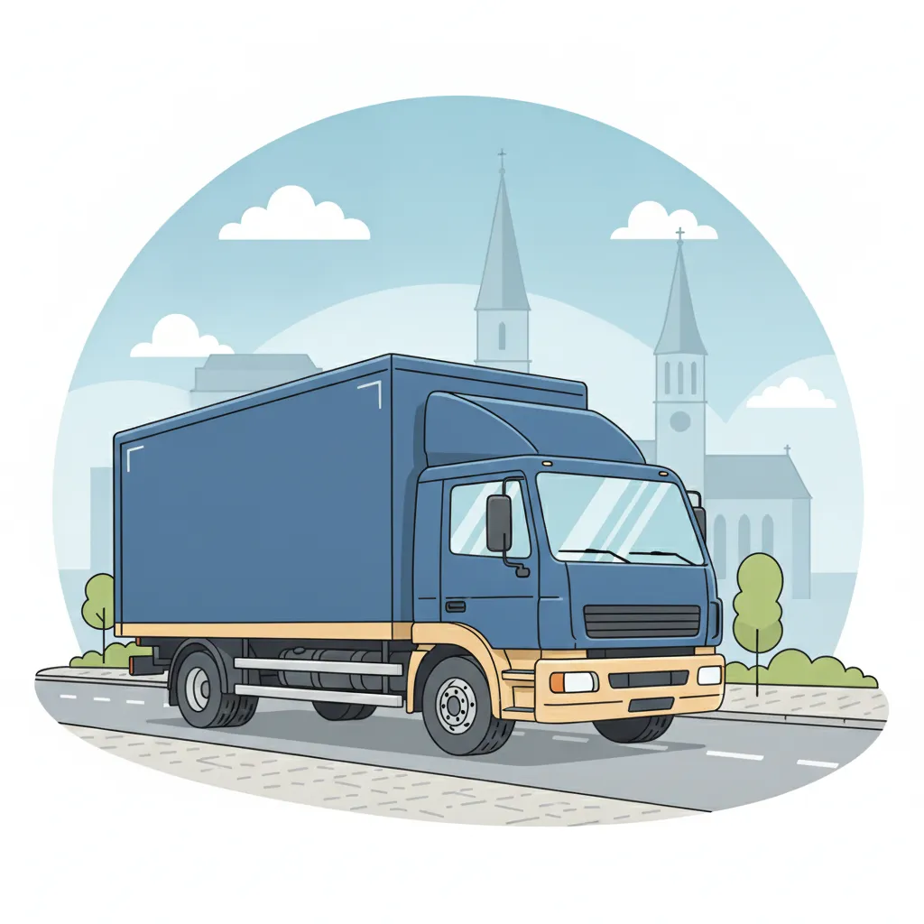 Comic-Illustration: geschlossener Umzugstransporter erreicht Hagen – Umzug von Dortmund nach Hagen
