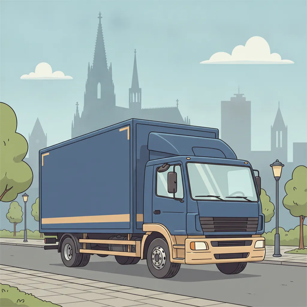 Comic-Illustration: geschlossener Umzugstransporter erreicht Köln – Umzug von Dortmund nach Köln