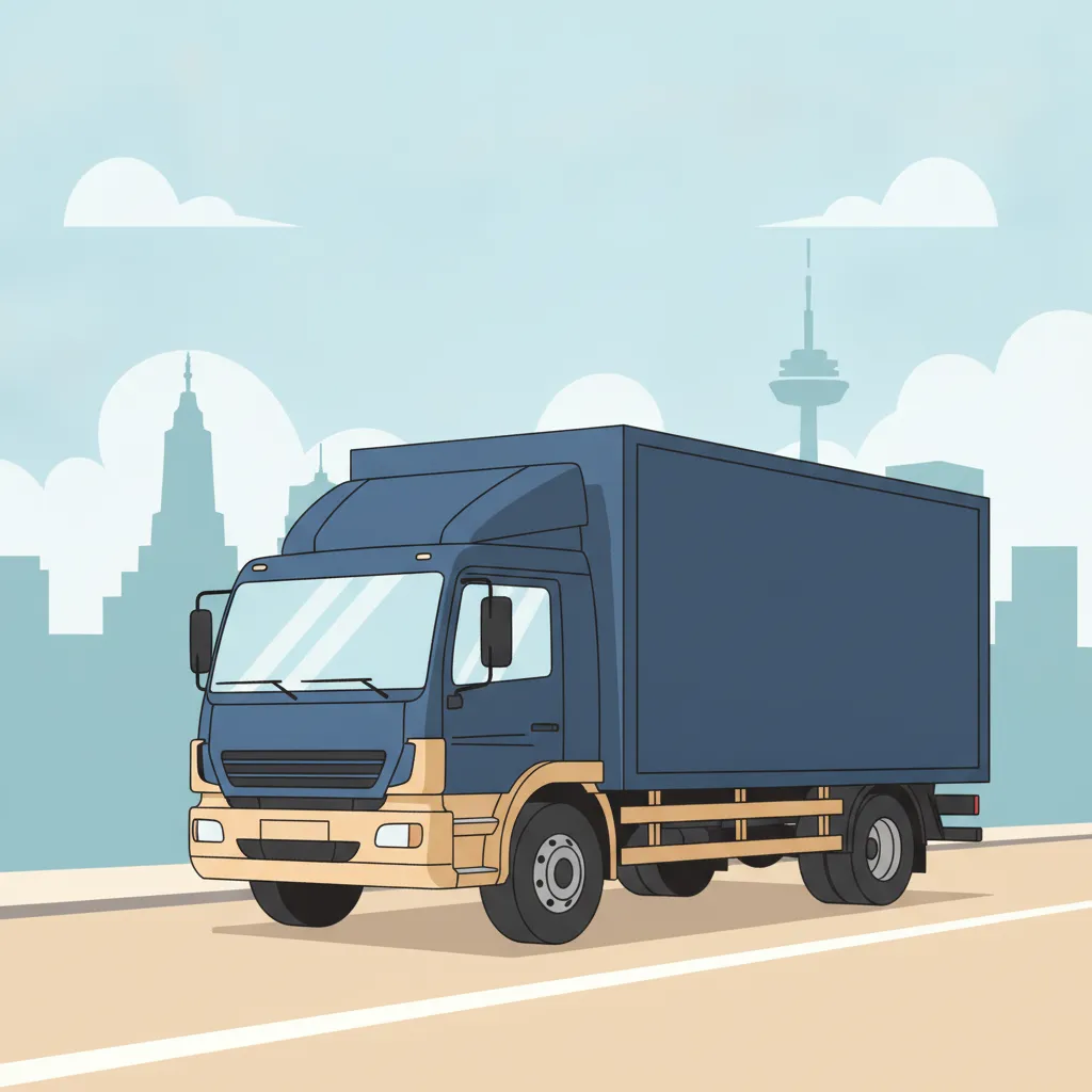 Comic-Illustration: geschlossener Umzugstransporter erreicht Leipzig – Umzug von Dortmund nach Leipzig