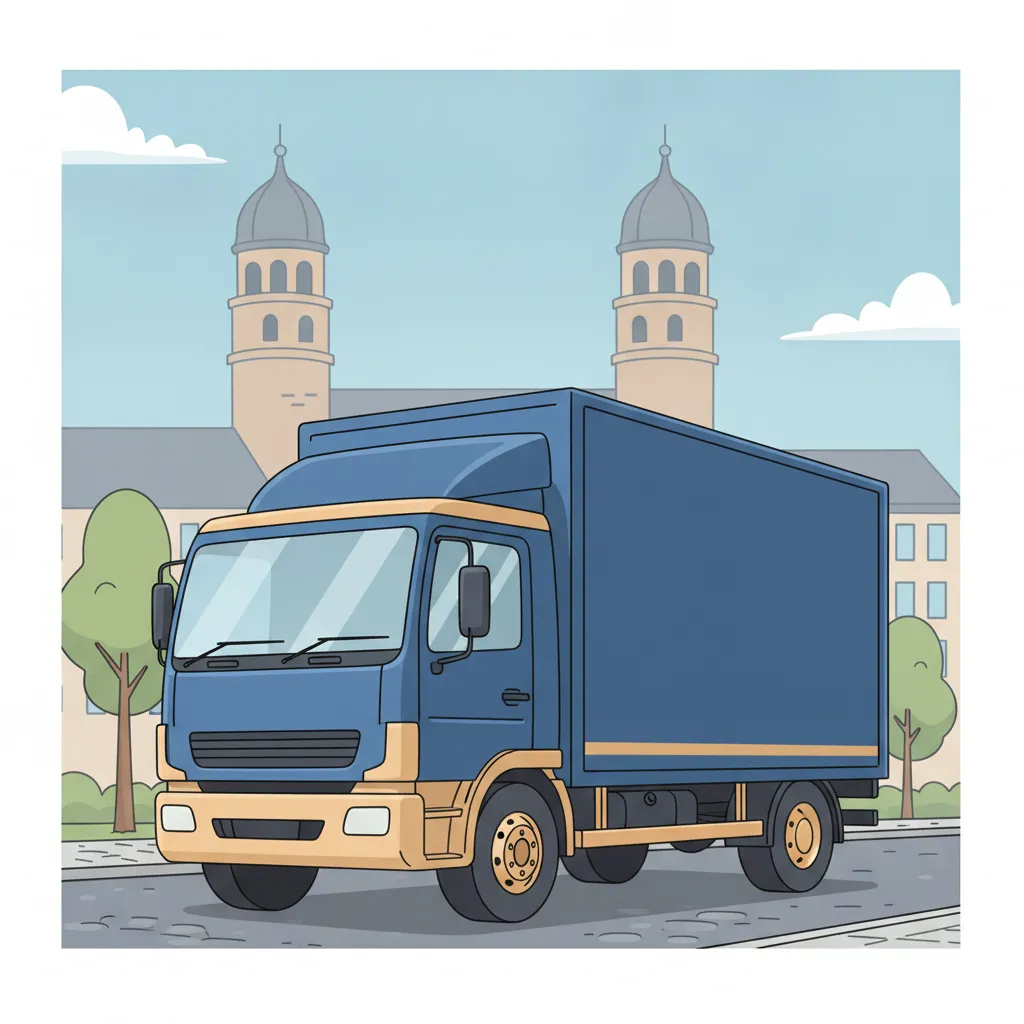Comic-Illustration: geschlossener Umzugstransporter erreicht Lünen – Umzug von Dortmund nach Lünen