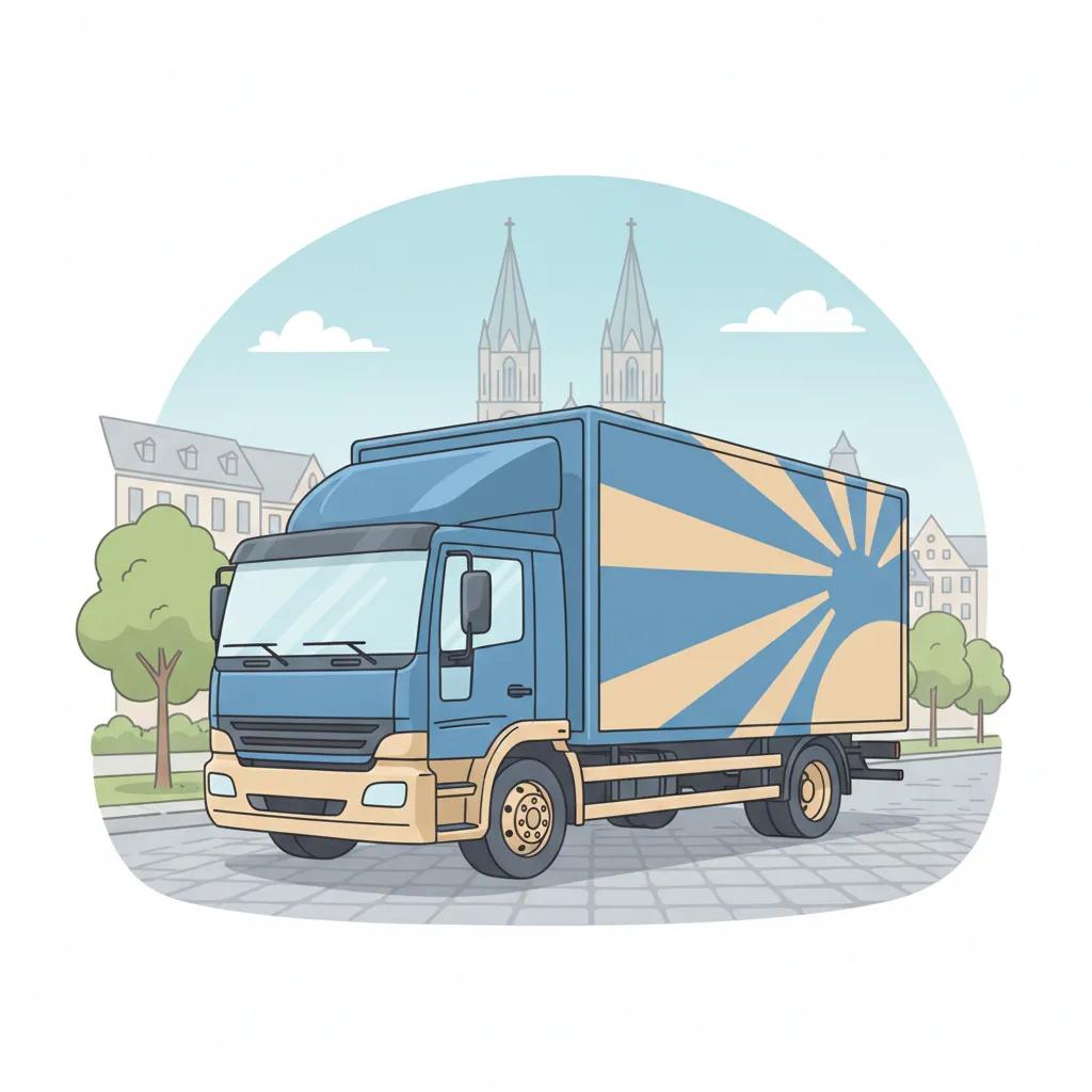 Comic-Illustration: geschlossener Umzugstransporter erreicht Magdeburg – Umzug von Dortmund nach Magdeburg