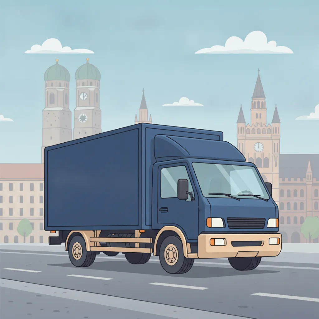 Comic-Illustration: geschlossener Umzugstransporter erreicht München – Umzug von Dortmund nach München