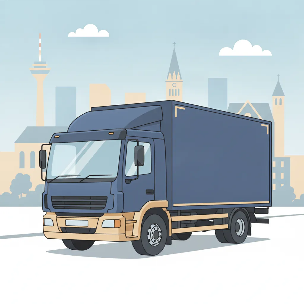 Comic-Illustration: geschlossener Umzugstransporter erreicht Neuss – Umzug von Dortmund nach Neuss