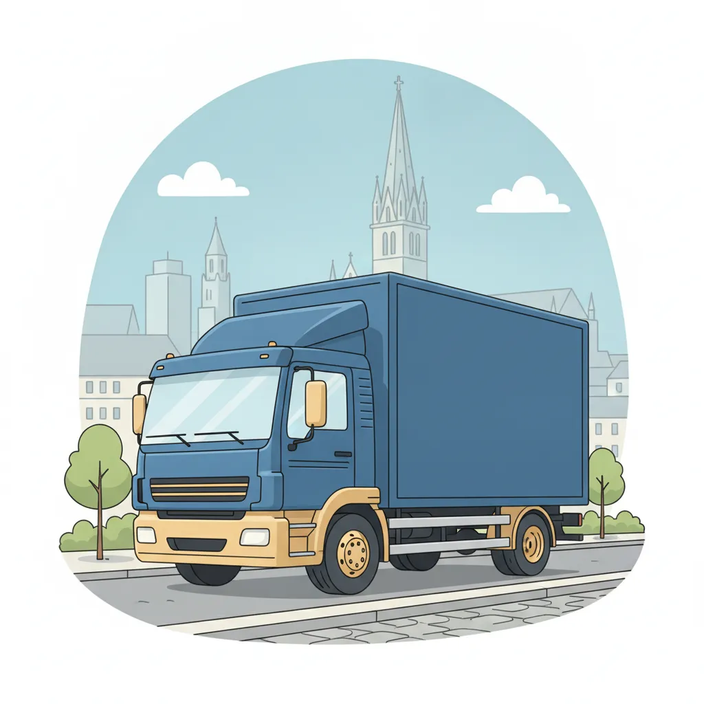 Comic-Illustration: geschlossener Umzugstransporter erreicht Ulm – Umzug von Dortmund nach Ulm