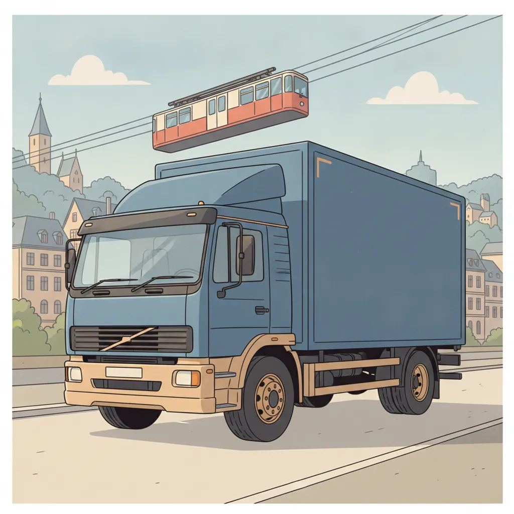 Comic-Illustration: geschlossener Umzugstransporter erreicht Wuppertal – Umzug von Dortmund nach Wuppertal